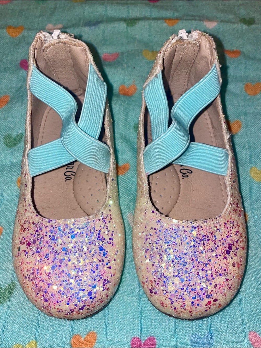 A bear co- Sparkle Glitter Ballet Flats for Kids - Light Blue Straps white shoe